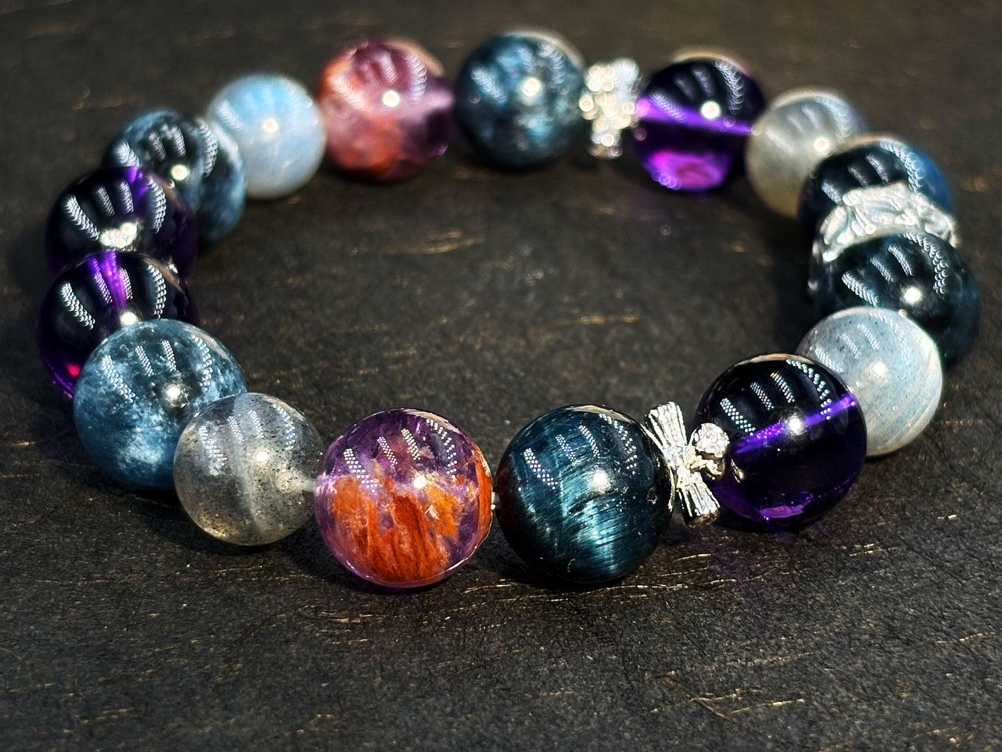 Azure Radiance of the Night Men's Bracelet-Aquamarine&Moonstone&Amethyst&Wolf's Eye&Purple Phantom Crystal 12mm