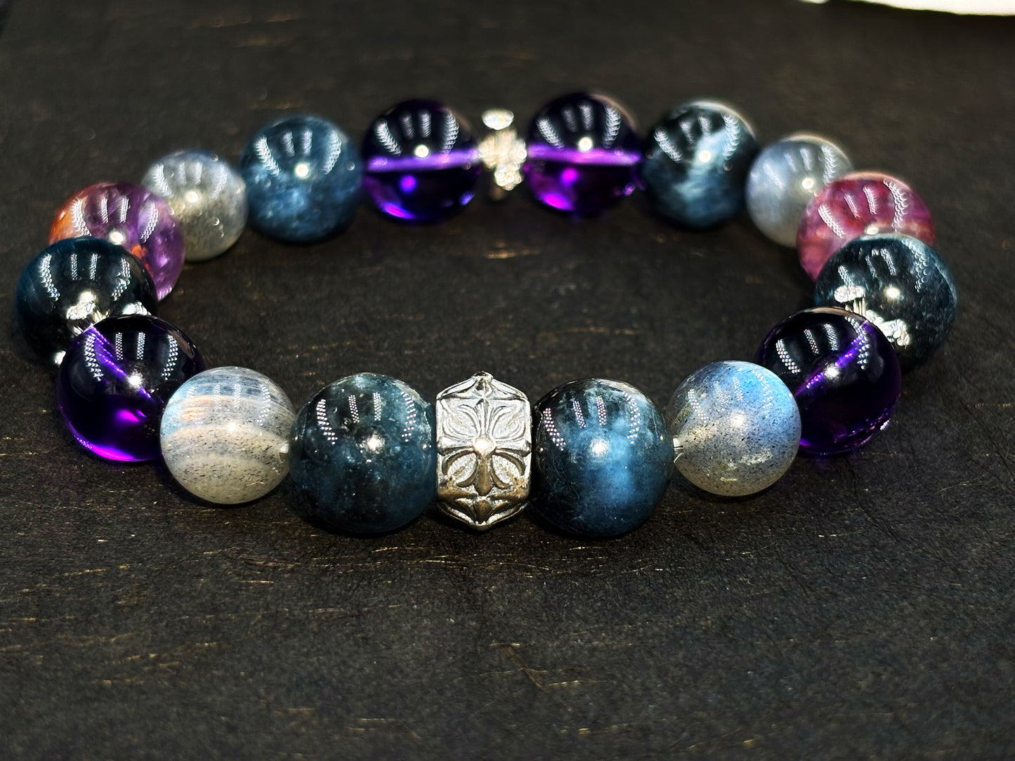 Azure Radiance of the Night Men's Bracelet-Aquamarine&Moonstone&Amethyst&Wolf's Eye&Purple Phantom Crystal 12mm