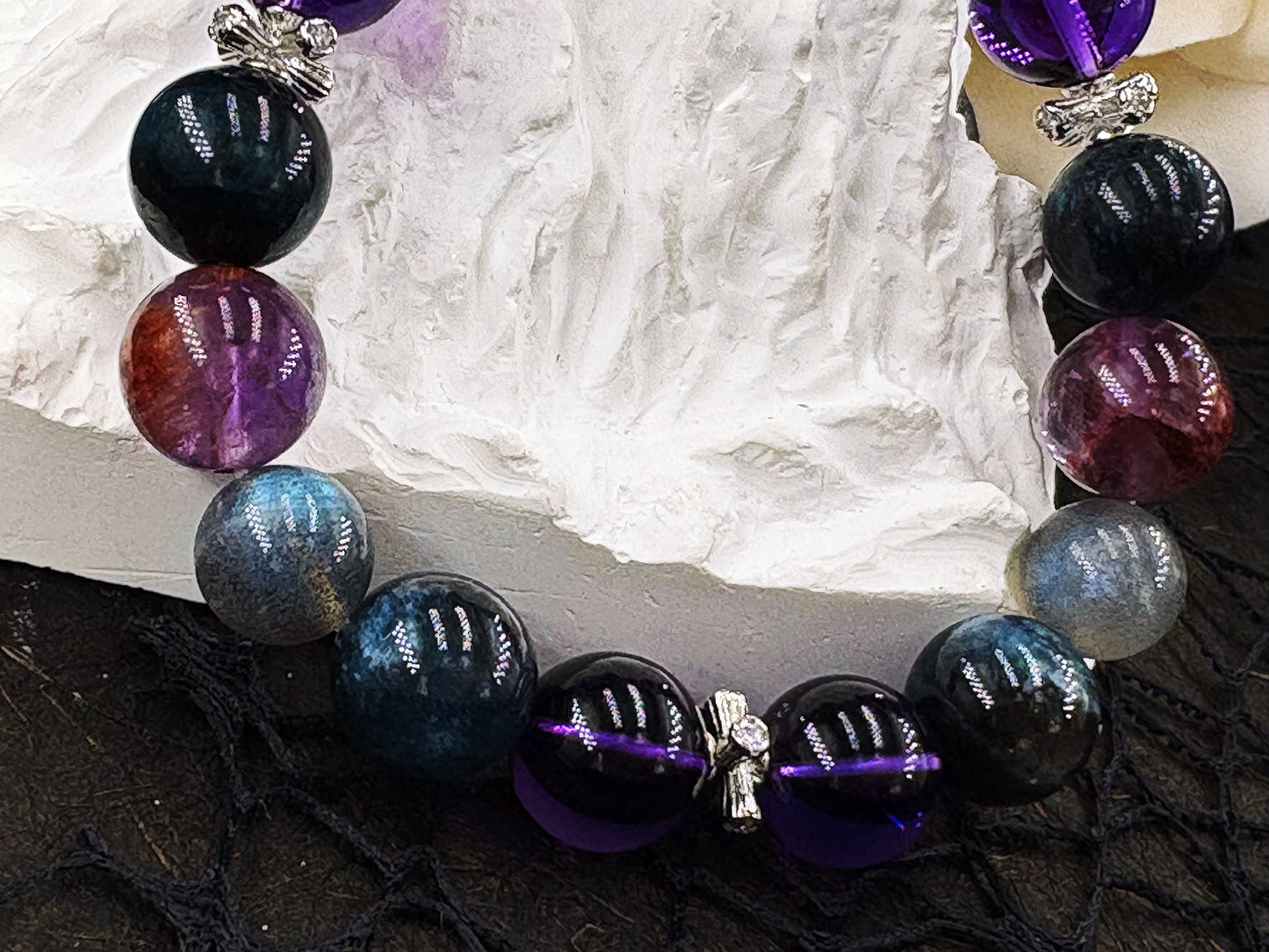 Azure Radiance of the Night Men's Bracelet-Aquamarine&Moonstone&Amethyst&Wolf's Eye&Purple Phantom Crystal 12mm