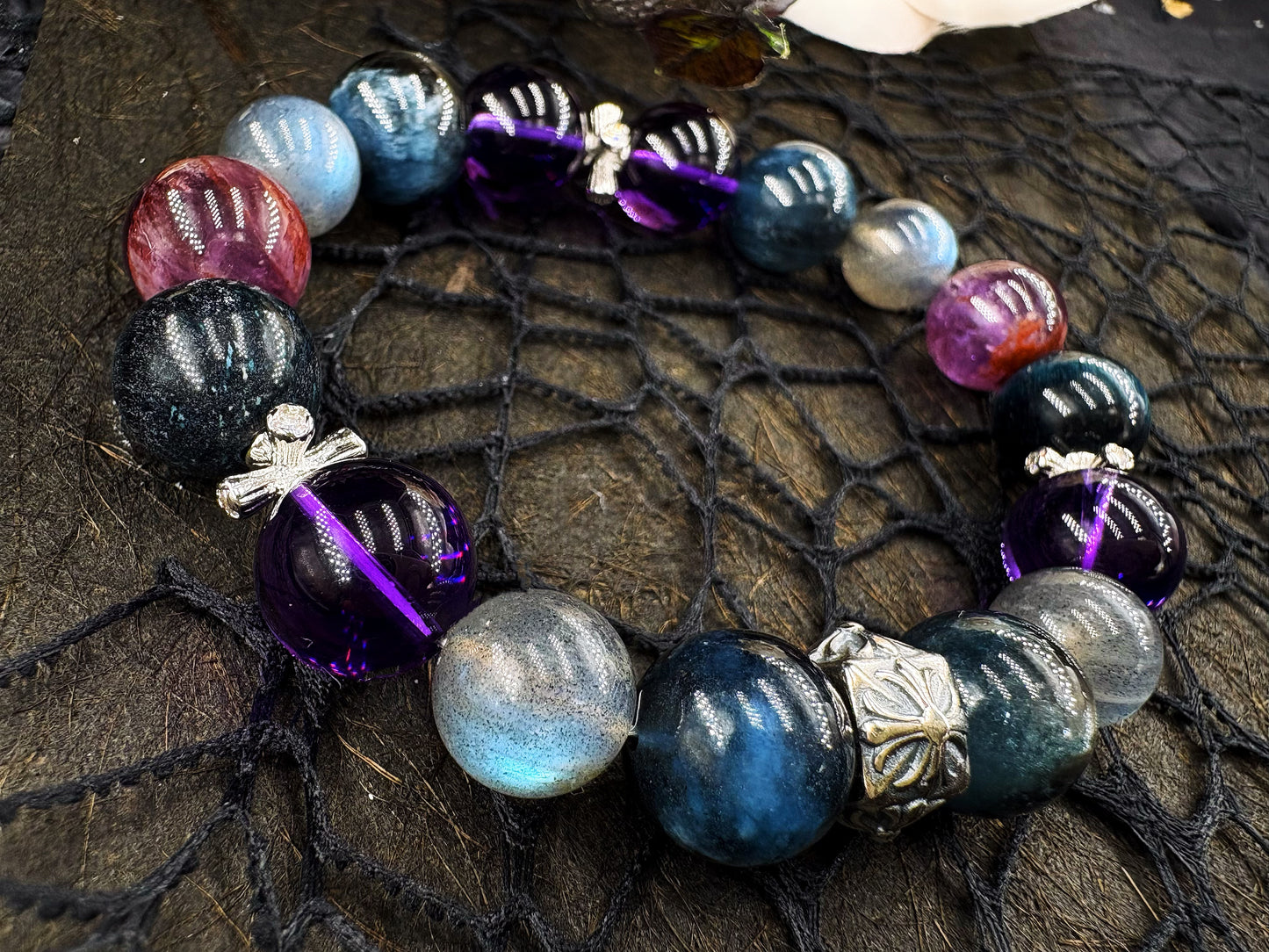 Azure Radiance of the Night Men's Bracelet-Aquamarine&Moonstone&Amethyst&Wolf's Eye&Purple Phantom Crystal 12mm