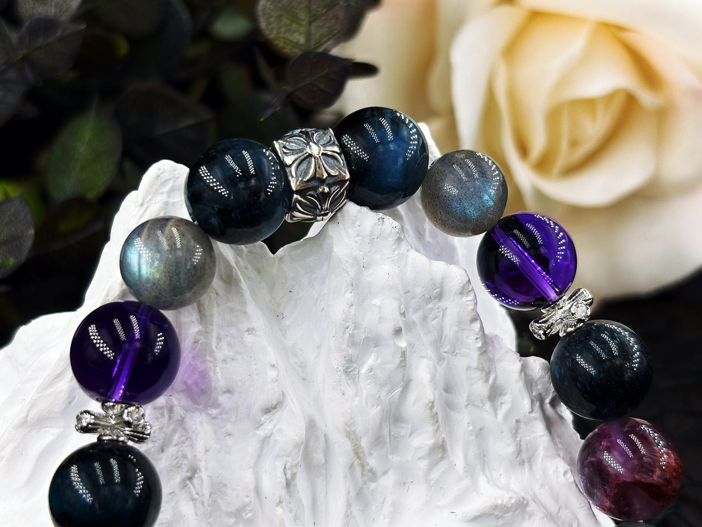 Azure Radiance of the Night Men's Bracelet-Aquamarine&Moonstone&Amethyst&Wolf's Eye&Purple Phantom Crystal 12mm