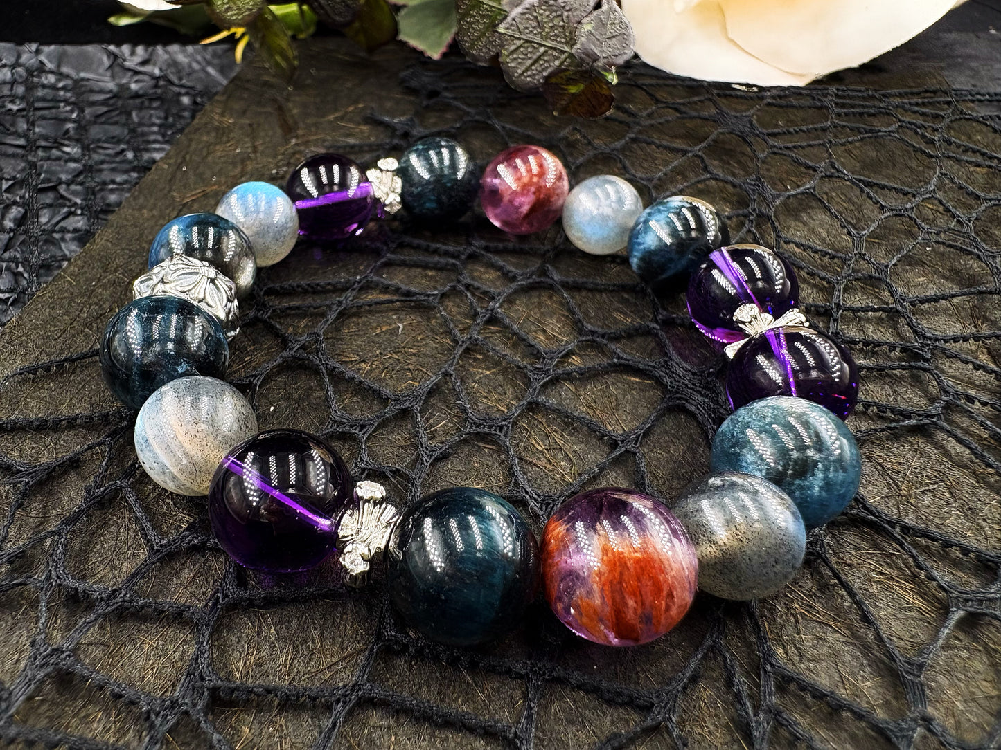 Azure Radiance of the Night Men's Bracelet-Aquamarine&Moonstone&Amethyst&Wolf's Eye&Purple Phantom Crystal 12mm