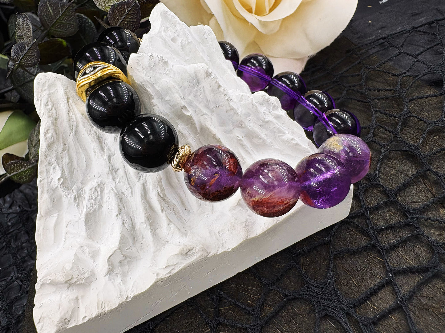 The Purple Light Whisper Men's Bracelet-Amethyst&Phantom Crystal&Obsidian-Rainbow 12mm