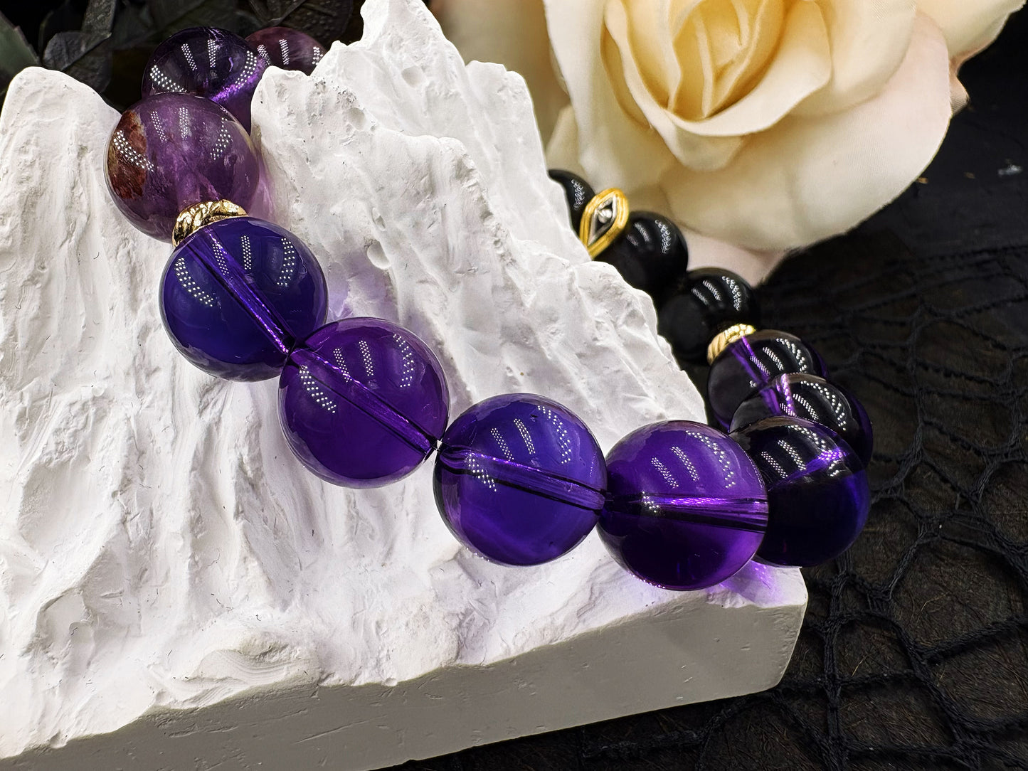 The Purple Light Whisper Men's Bracelet-Amethyst&Phantom Crystal&Obsidian-Rainbow 12mm