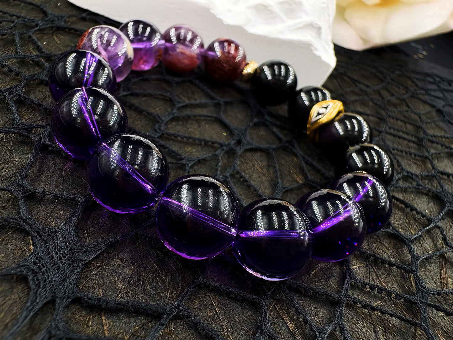 The Purple Light Whisper Men's Bracelet-Amethyst&Phantom Crystal&Obsidian-Rainbow 12mm