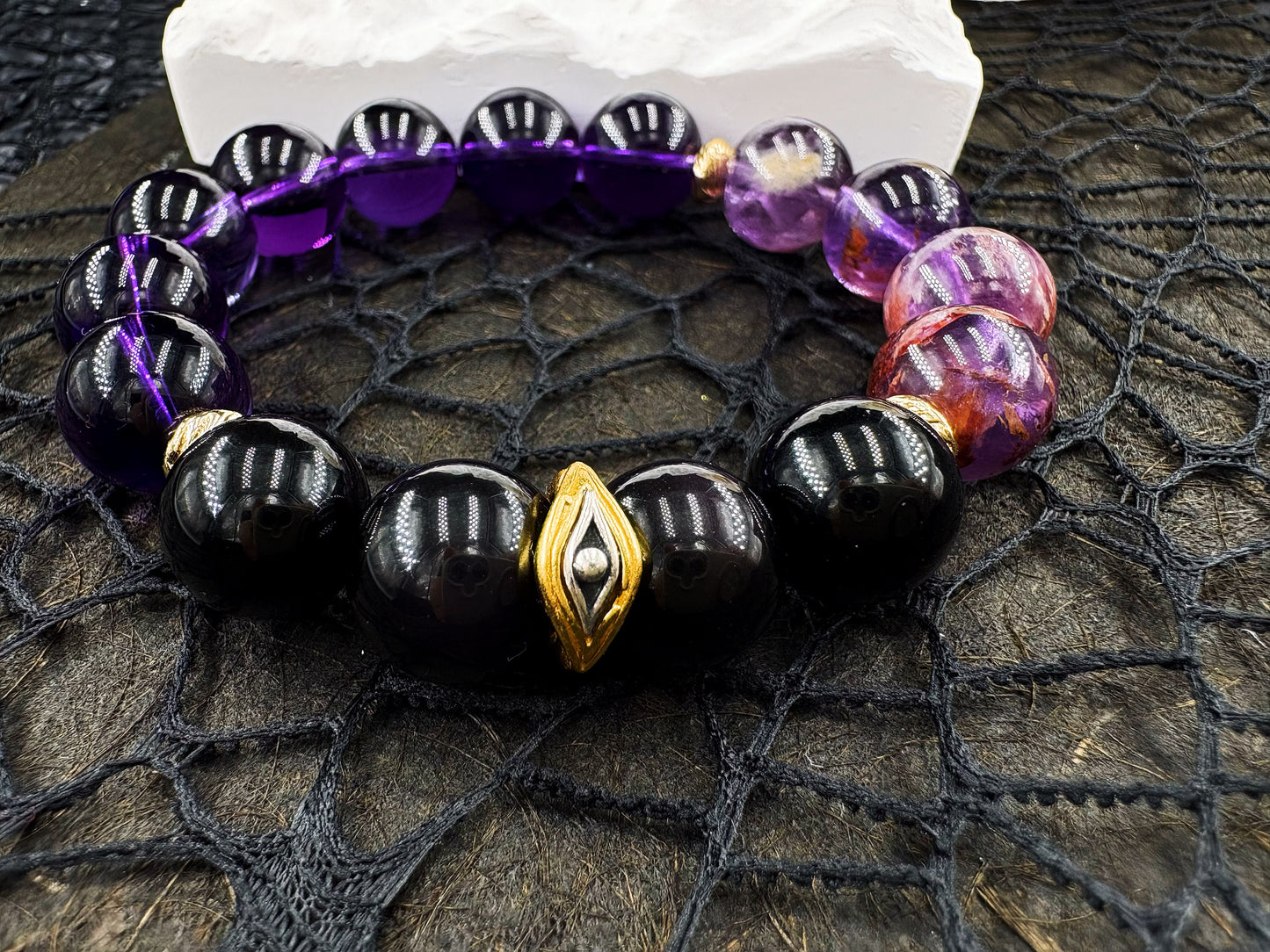 The Purple Light Whisper Men's Bracelet-Amethyst&Phantom Crystal&Obsidian-Rainbow 12mm