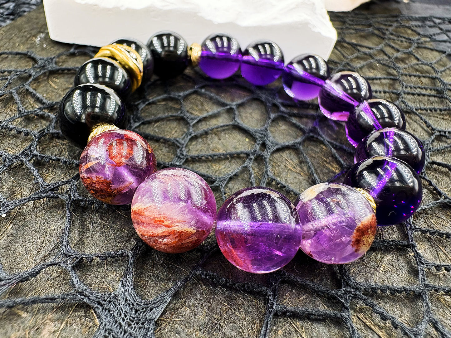 The Purple Light Whisper Men's Bracelet-Amethyst&Phantom Crystal&Obsidian-Rainbow 12mm