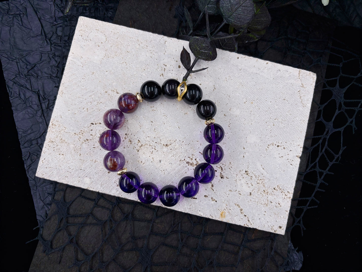 The Purple Light Whisper Men's Bracelet-Amethyst&Phantom Crystal&Obsidian-Rainbow 12mm