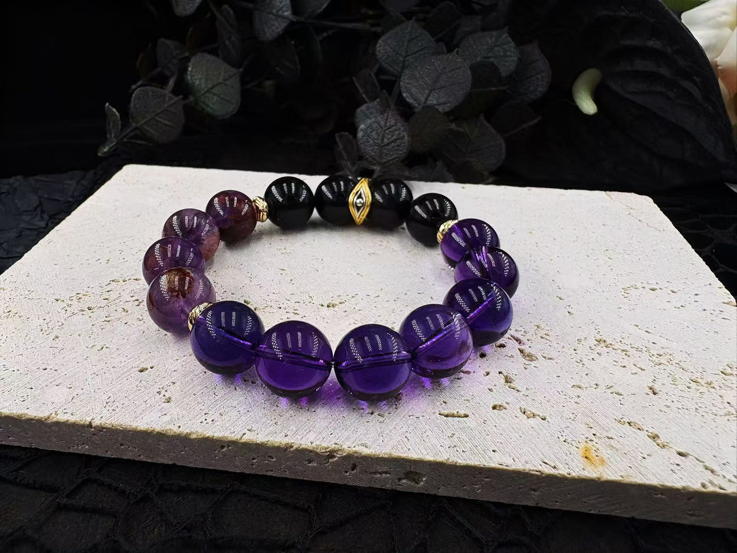 The Purple Light Whisper Men's Bracelet-Amethyst&Phantom Crystal&Obsidian-Rainbow 12mm