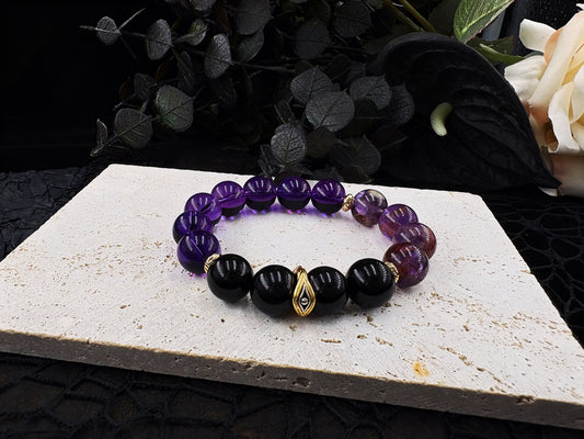 The Purple Light Whisper Men's Bracelet-Amethyst&Phantom Crystal&Obsidian-Rainbow 12mm