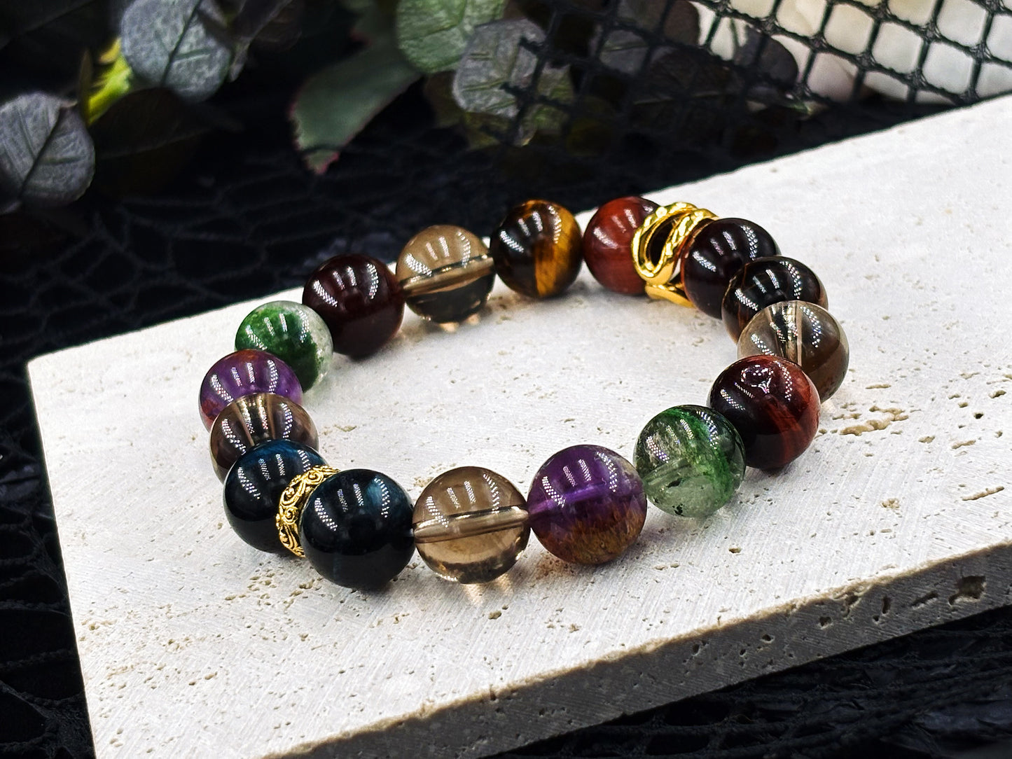 Azure Dragon Dominion Men's Bracelet-Dragon's Eye&Tiger's Eye&Smoky Crystal&Green Phantom Crystal&Purple Phantom Crystal&Wolf's Eye 12mm