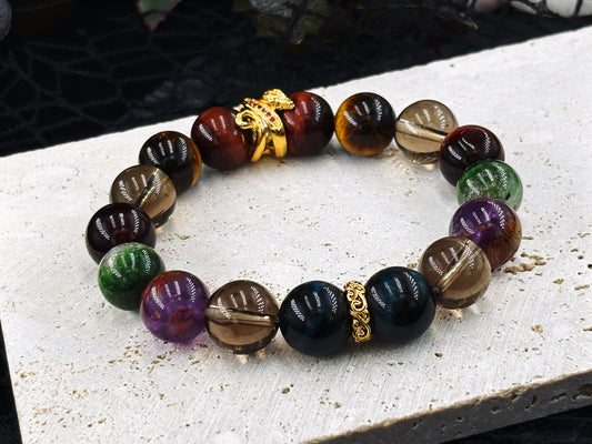 Azure Dragon Dominion Men's Bracelet-Dragon's Eye&Tiger's Eye&Smoky Crystal&Green Phantom Crystal&Purple Phantom Crystal&Wolf's Eye 12mm