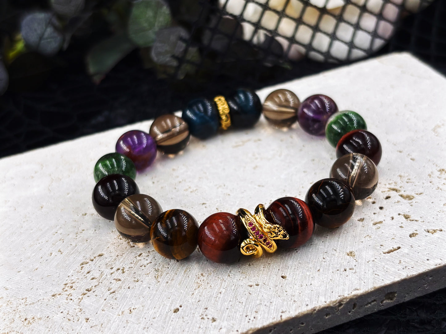 Azure Dragon Dominion Men's Bracelet-Dragon's Eye&Tiger's Eye&Smoky Crystal&Green Phantom Crystal&Purple Phantom Crystal&Wolf's Eye 12mm