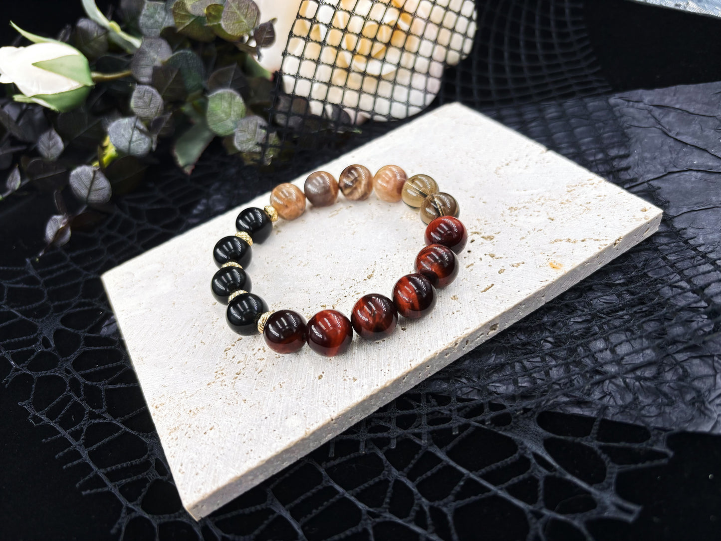 Blazing Radiance Ring Men's Bracelet-Smoky Crystal&Dragon's Eye&Sunstone&Obsidian-Silvery 12mm