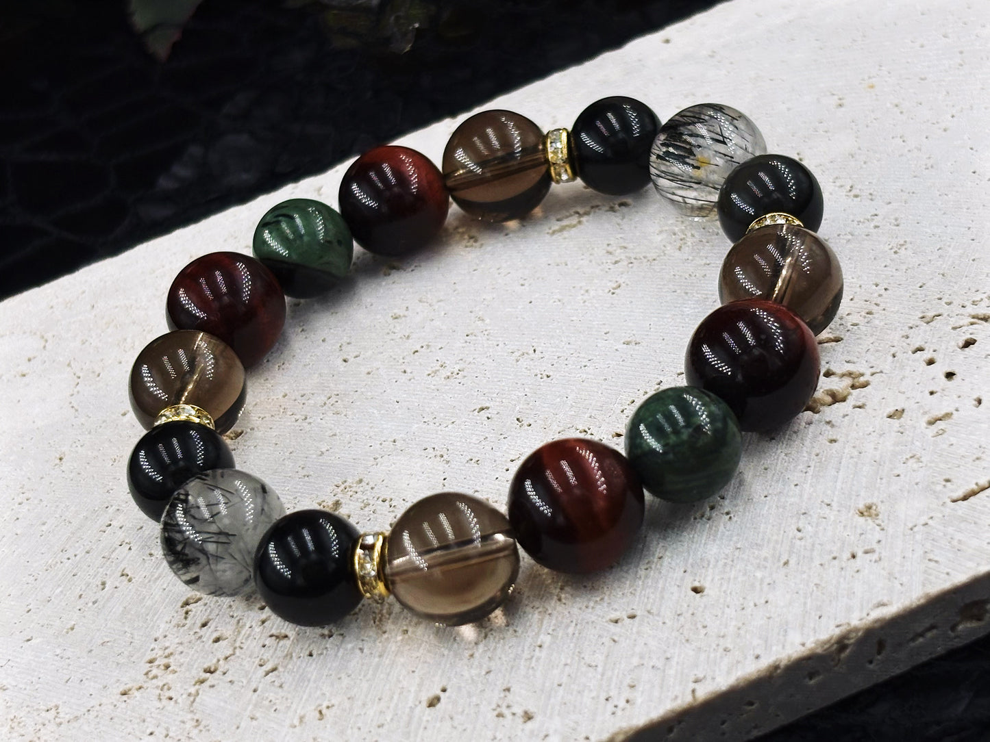 The Chain of Radiance Men's Bracelet-Black Rutilated Quartz&Smoky Crystal&Dragon's Eye&Malachite&Obsidian-Rainbow 10-12mm