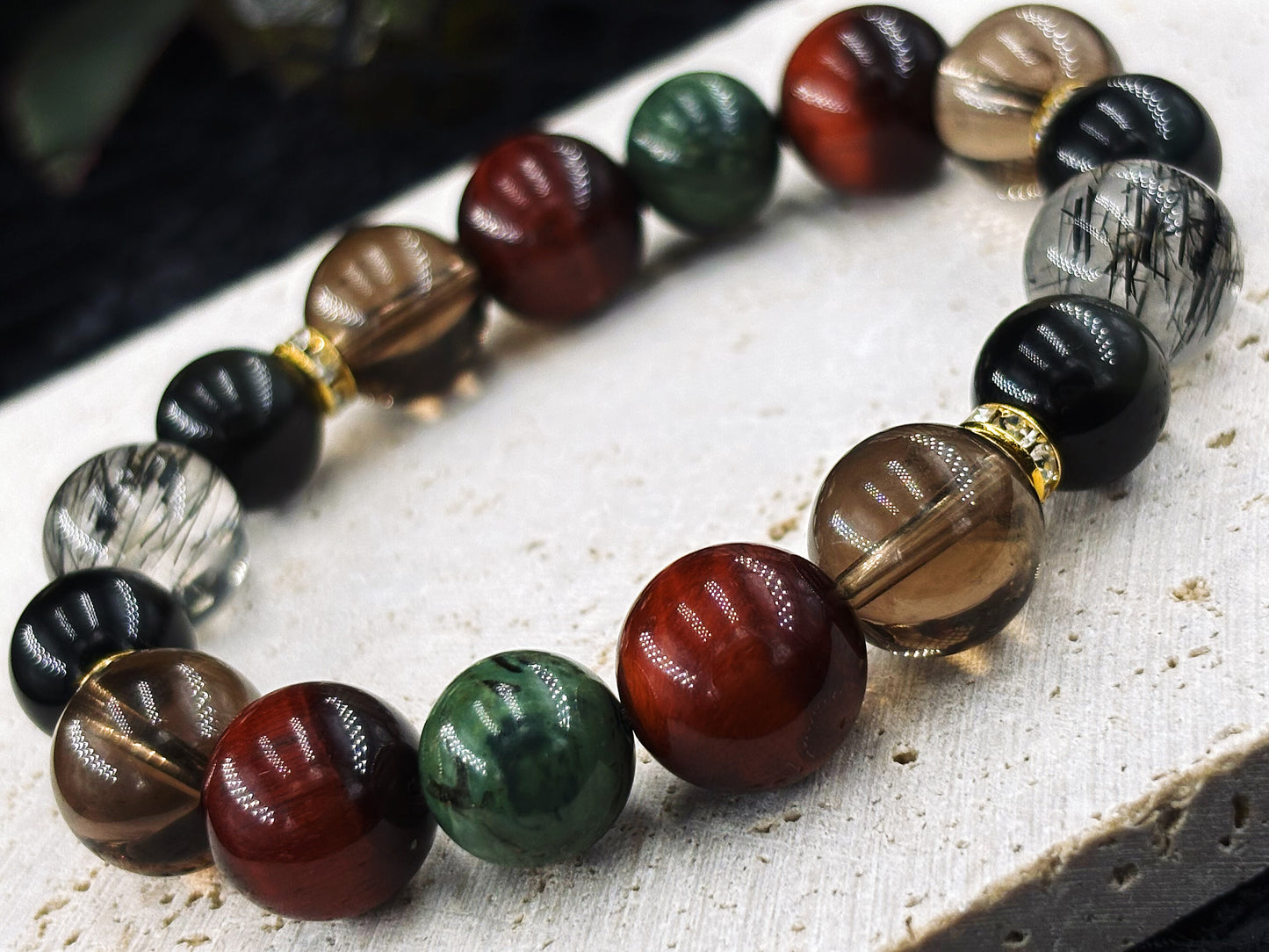 The Chain of Radiance Men's Bracelet-Black Rutilated Quartz&Smoky Crystal&Dragon's Eye&Malachite&Obsidian-Rainbow 10-12mm