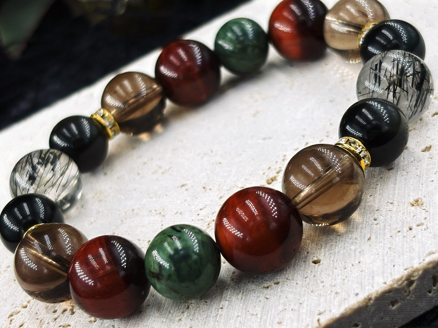 The Chain of Radiance Men's Bracelet-Black Rutilated Quartz&Smoky Crystal&Dragon's Eye&Malachite&Obsidian-Rainbow 10-12mm