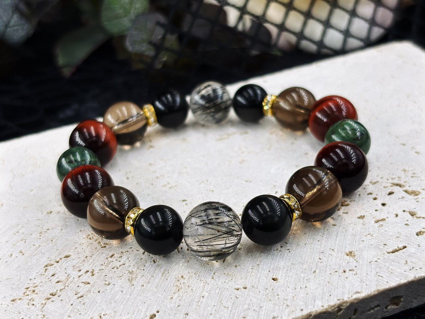 The Chain of Radiance Men's Bracelet-Black Rutilated Quartz&Smoky Crystal&Dragon's Eye&Malachite&Obsidian-Rainbow 10-12mm