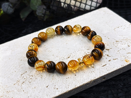 Solar Battle Ring Men's Bracelet-Golden Rutilated Quartz&Citrine&Tiger's Eye 10mm