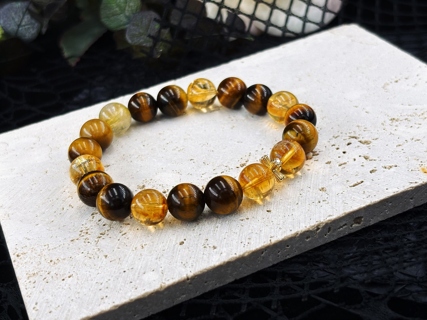 Solar Battle Ring Men's Bracelet-Golden Rutilated Quartz&Citrine&Tiger's Eye 10mm