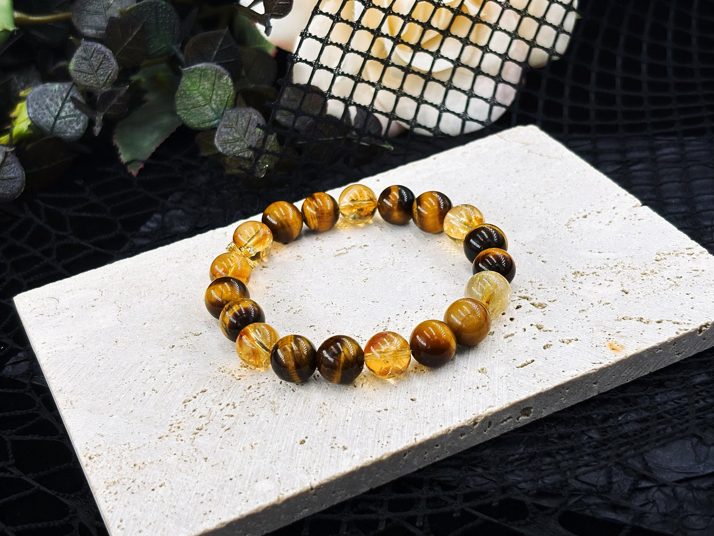 Solar Battle Ring Men's Bracelet-Golden Rutilated Quartz&Citrine&Tiger's Eye 10mm