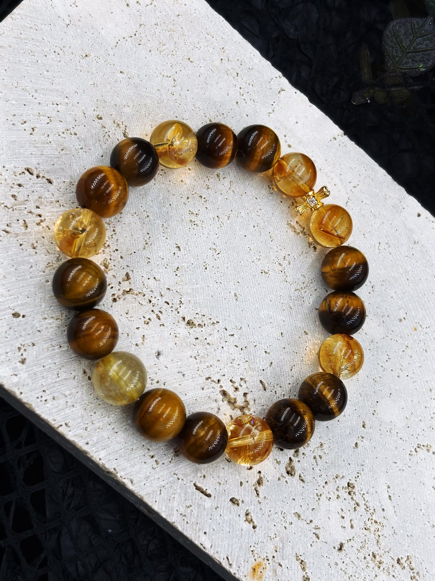 Solar Battle Ring Men's Bracelet-Golden Rutilated Quartz&Citrine&Tiger's Eye 10mm