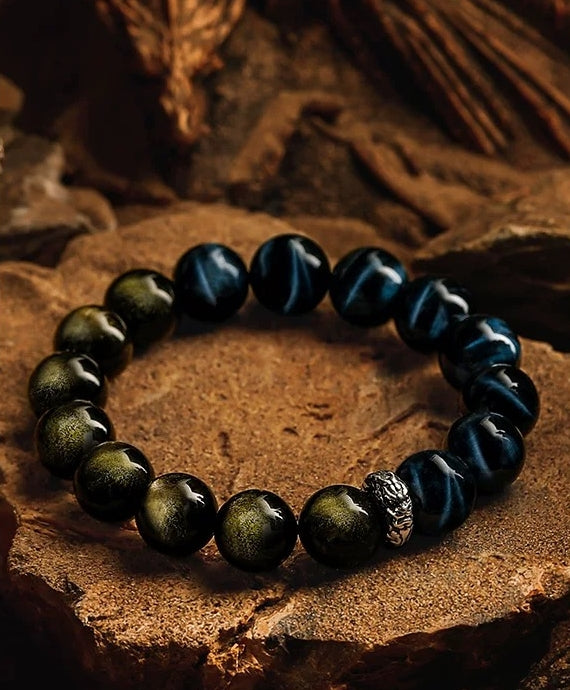 Dragon’s Pact Men's Bracelet-Wolf's Eye&Obsidian-Gold 12mm