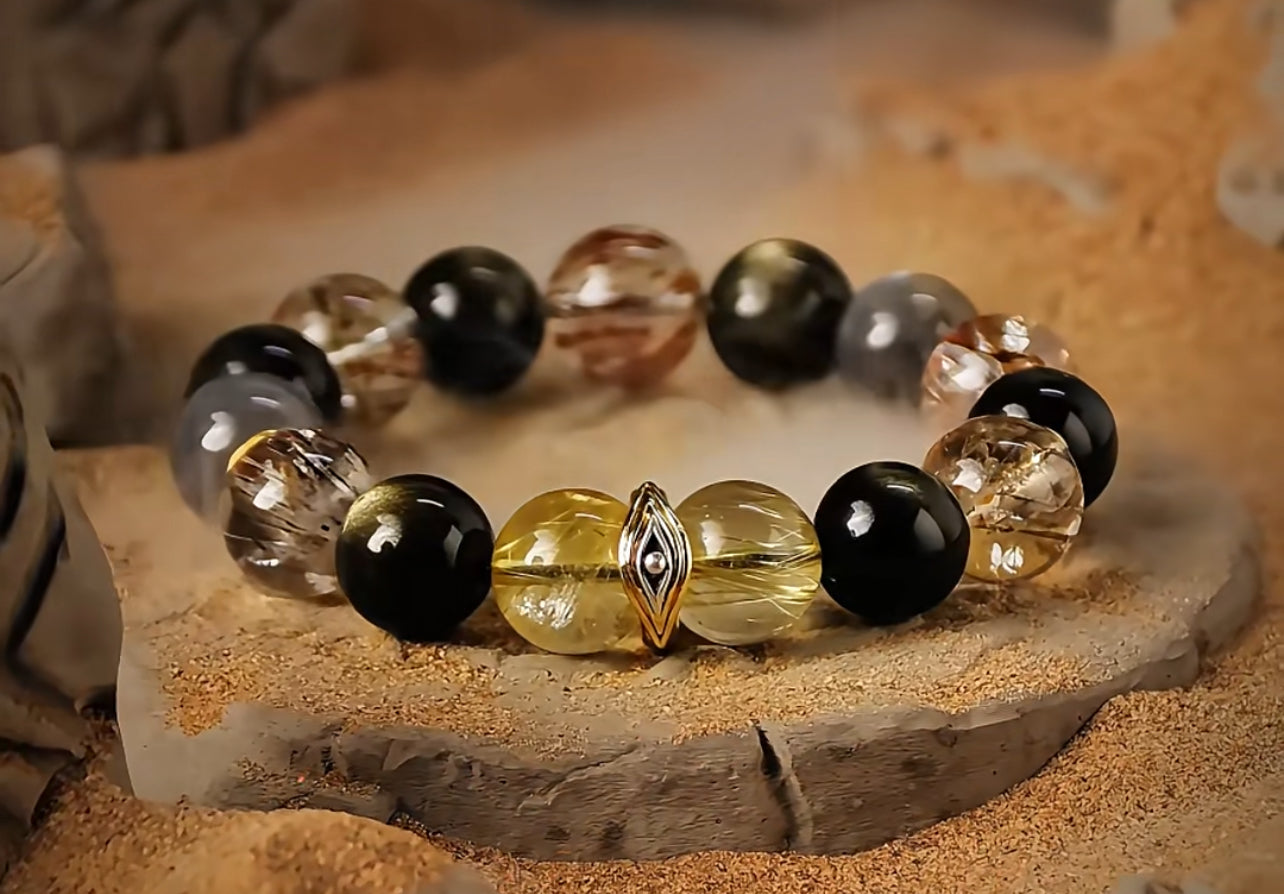 The Golden Path of Power Men's Bracelet-Black-Gold Phantom Crystal &Obsidian-Gold 12mm