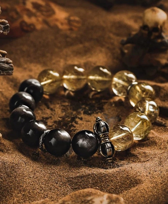 Radiant Legacy Men's Bracelet-Rutilated Quartz&Obsidian-Silvery 14mm