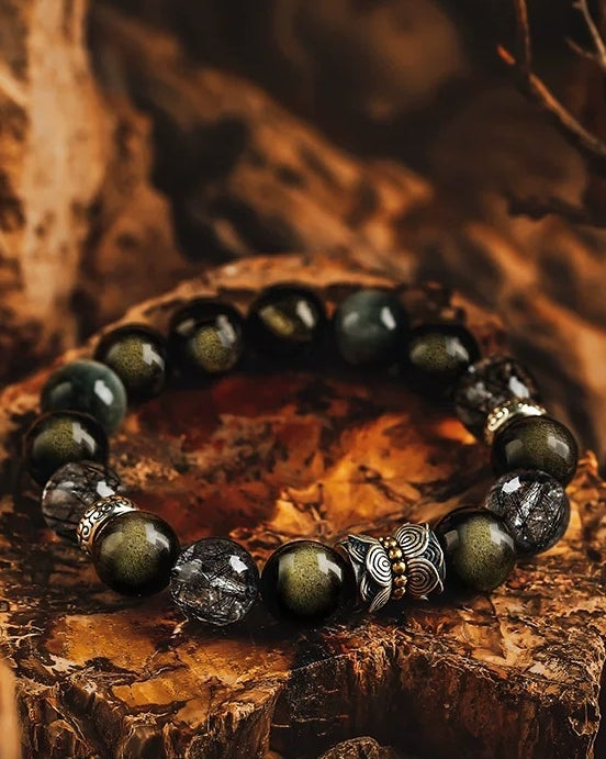 Mystic Radiance Men's Bracelet-Rutilated Quartz&Obsidian-Gold 12mm