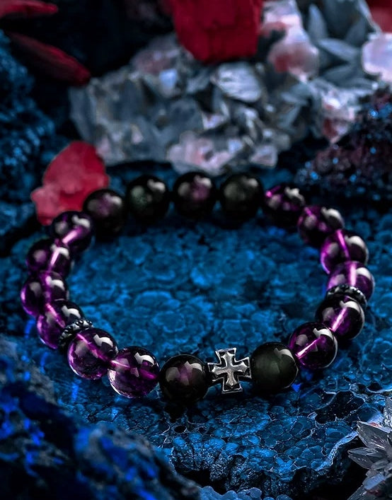 Mystic Shield Men's Bracelet-Amethyst&Obsidian 10mm