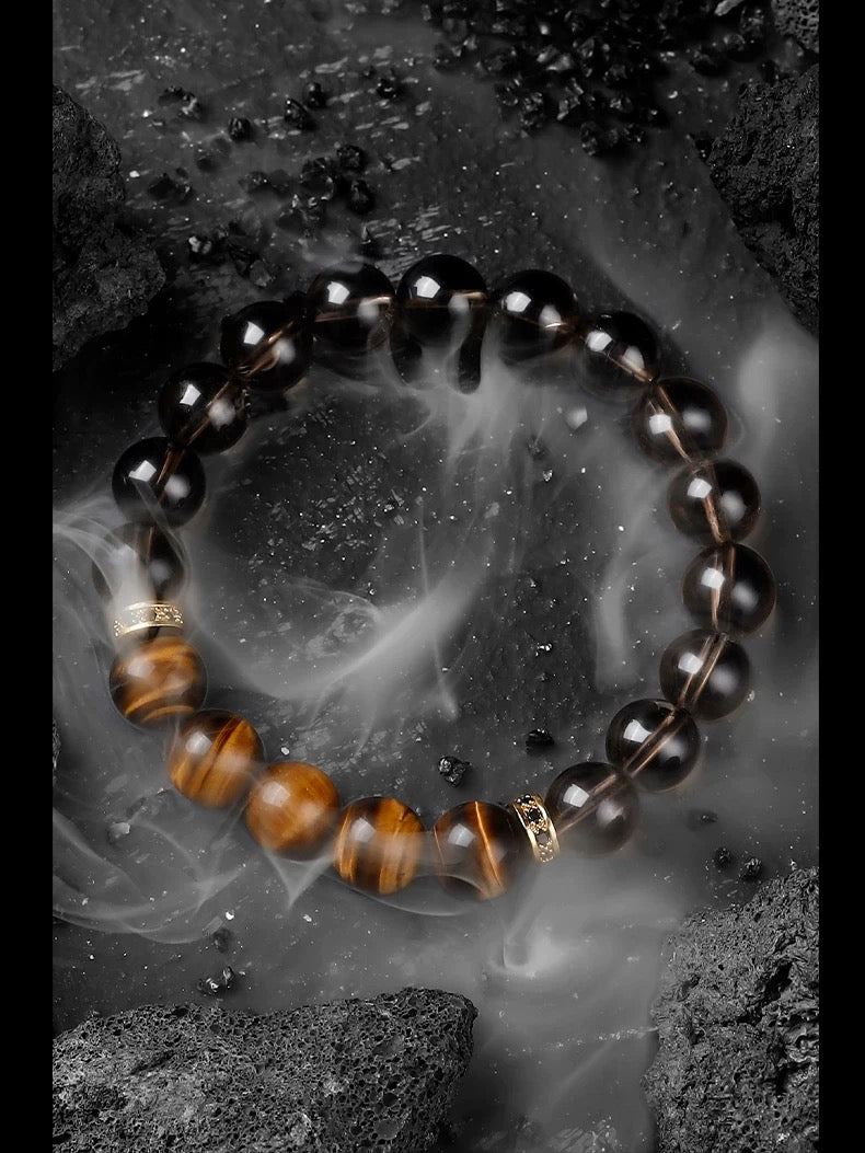 Warrior's Eye Men's Bracelet-Tiger's Eye&Smoky Crystal 10mm