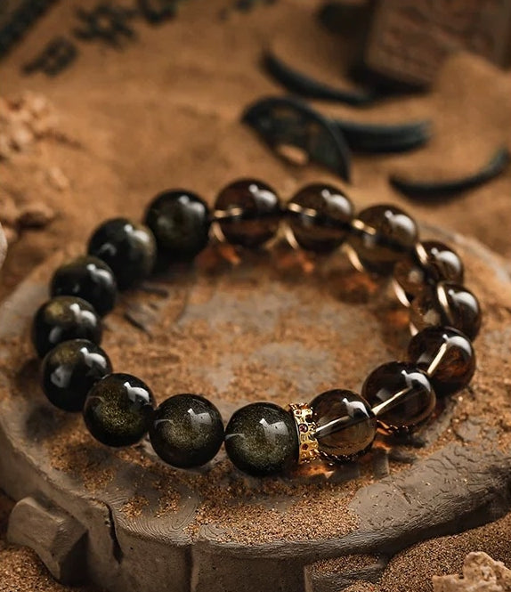 Dreamweaver's Fortune Men's Bracelet-Smoky Crystal&Obsidian-Gold 12mm