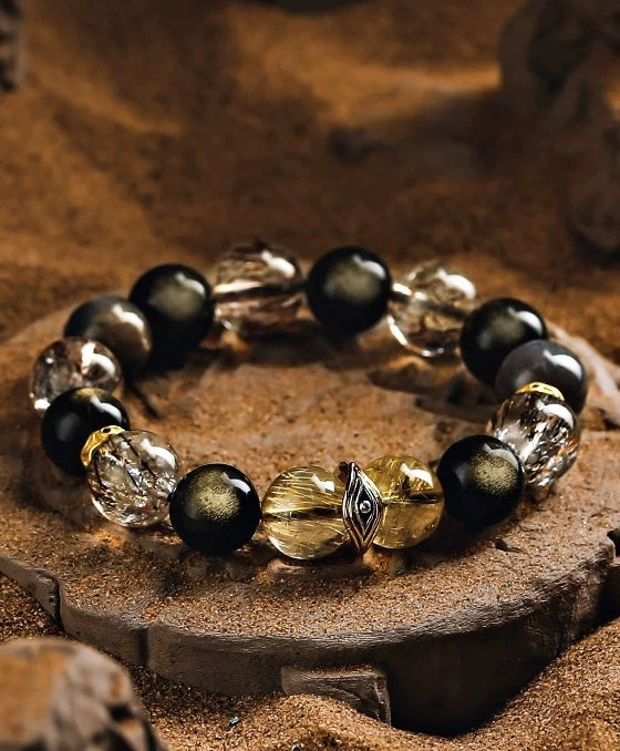 The Golden Path of Power Men's Bracelet-Black-Gold Phantom Crystal &Obsidian-Gold 12mm