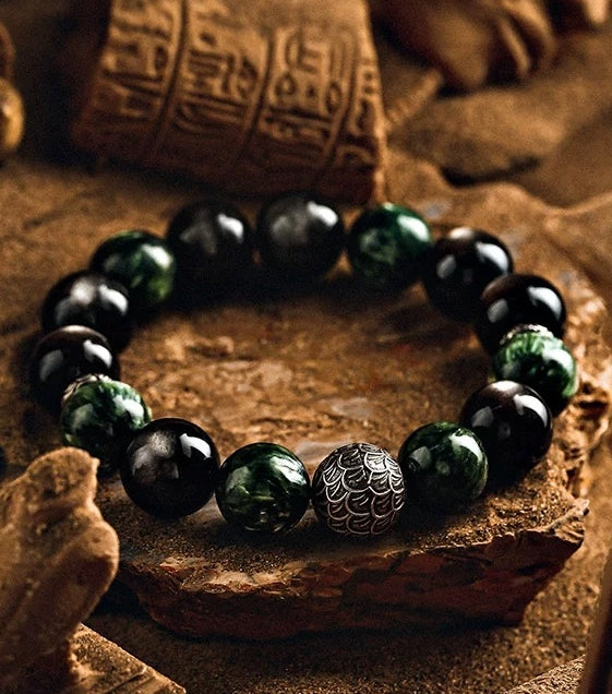 Glory’s Crest Men's Bracelet-Seraphinite&Obsidian-Silvery 14mm