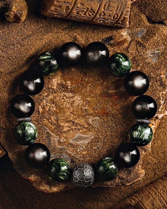 Glory’s Crest Men's Bracelet-Seraphinite&Obsidian-Silvery 14mm