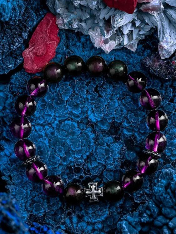 Mystic Shield Men's Bracelet-Amethyst&Obsidian 10mm