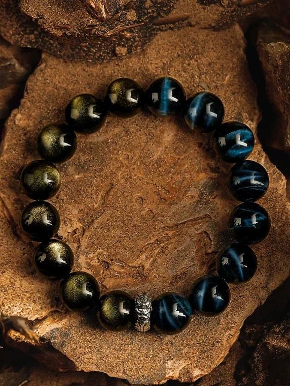 Dragon’s Pact Men's Bracelet-Wolf's Eye&Obsidian-Gold 12mm