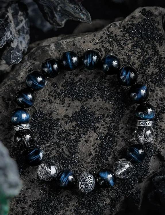 Dark Resilience Men's Bracelet-Wolf's Eye&Rutilated Quartz 10mm