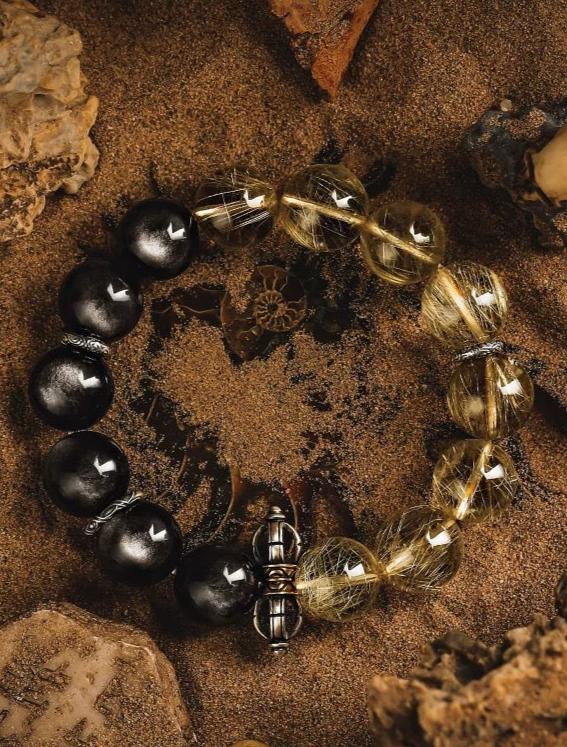 Radiant Legacy Men's Bracelet-Rutilated Quartz&Obsidian-Silvery 14mm