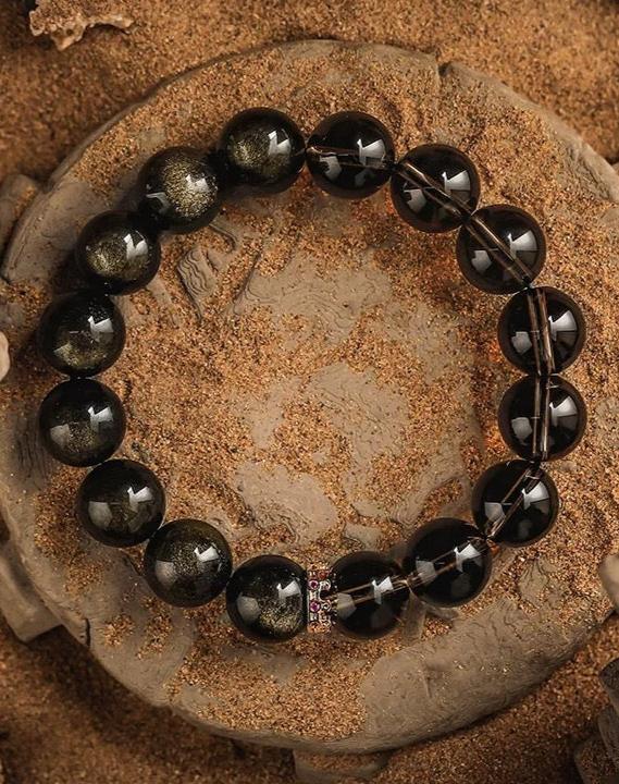 Dreamweaver's Fortune Men's Bracelet-Smoky Crystal&Obsidian-Gold 12mm