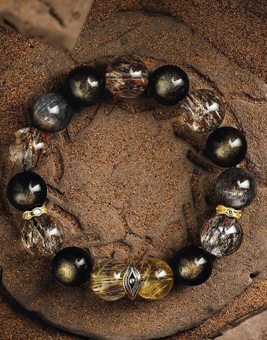 The Golden Path of Power Men's Bracelet-Black-Gold Phantom Crystal &Obsidian-Gold 12mm