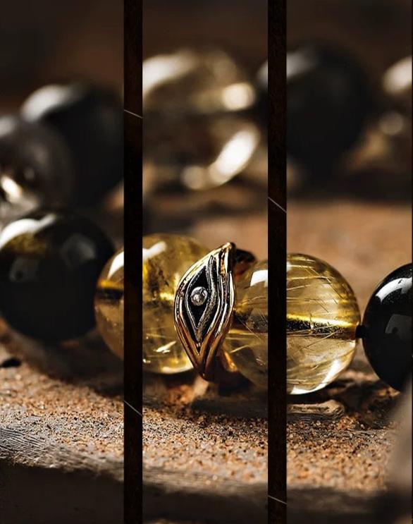 The Golden Path of Power Men's Bracelet-Black-Gold Phantom Crystal &Obsidian-Gold 12mm