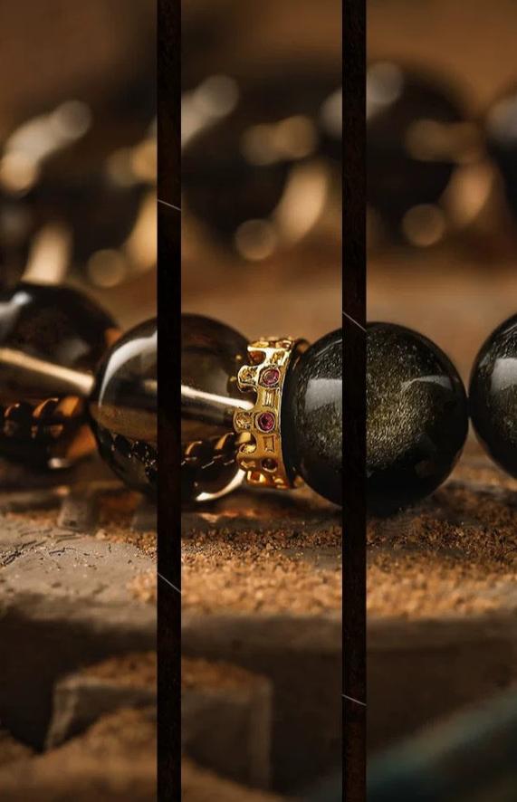 Dreamweaver's Fortune Men's Bracelet-Smoky Crystal&Obsidian-Gold 12mm