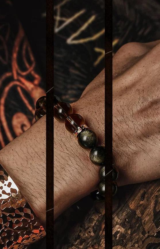 Dreamweaver's Fortune Men's Bracelet-Smoky Crystal&Obsidian-Gold 12mm