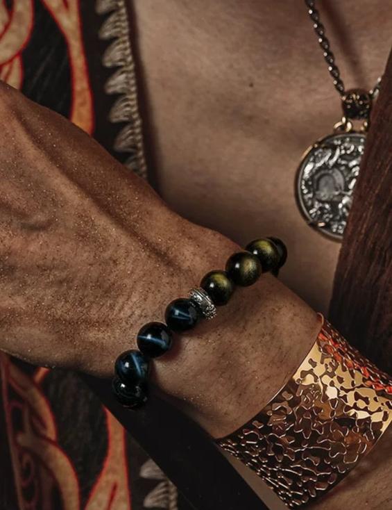 Dragon’s Pact Men's Bracelet-Wolf's Eye&Obsidian-Gold 12mm